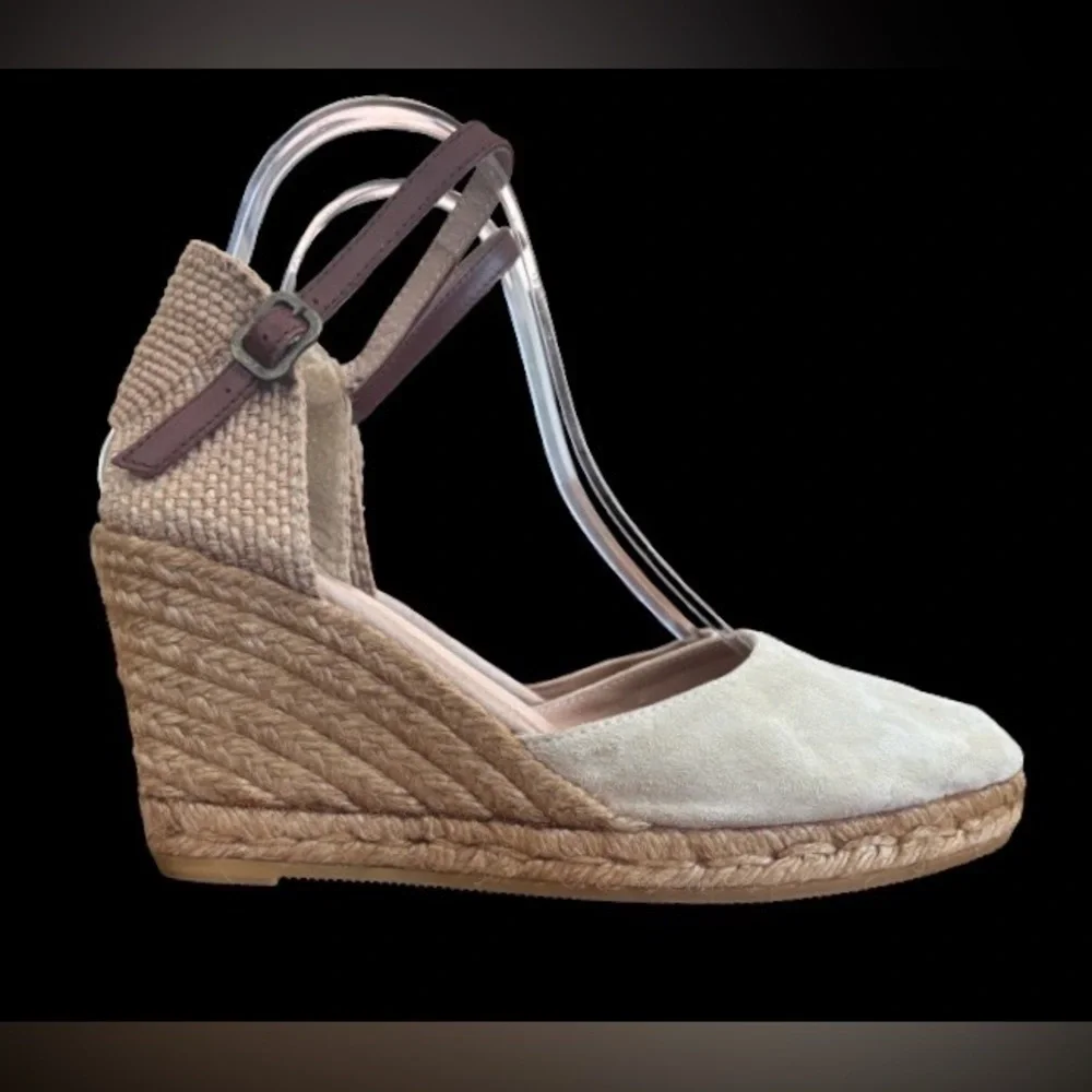 Giamo Anthro beige suede 3” wedge heel espadrilles w brwn lthr strp SZ 8 coastal